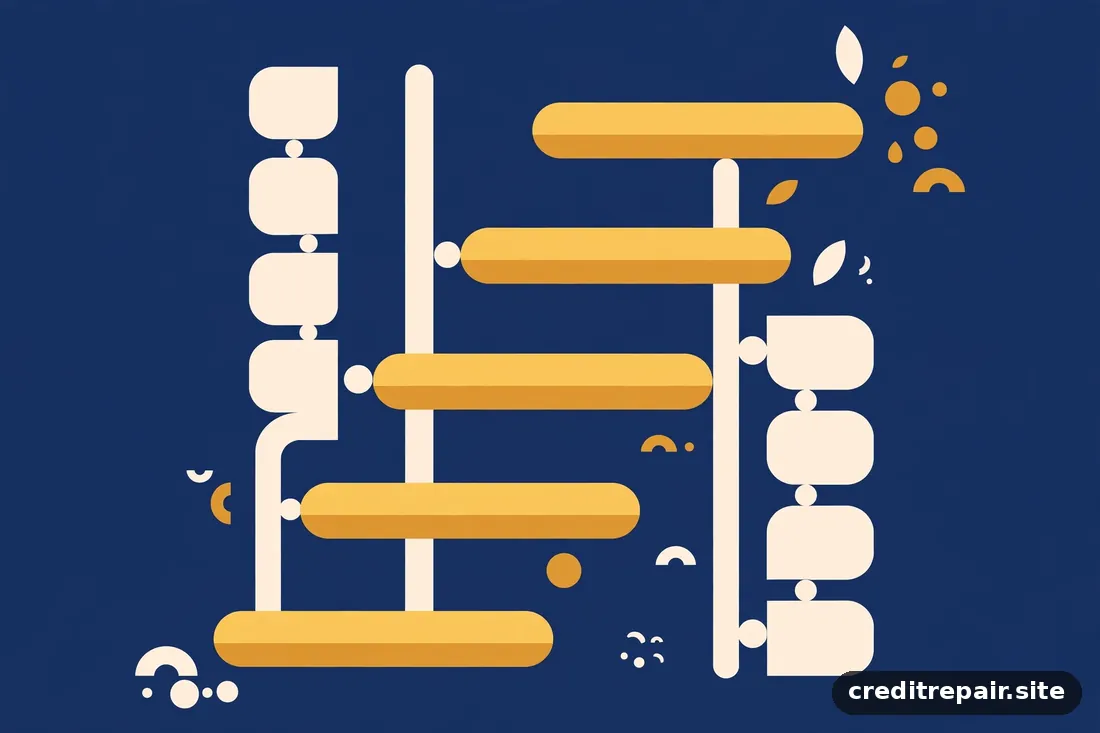 Ilustración abstracta de una escalera dorada de cinco peldaños ascendiendo sobre fondo marfil 