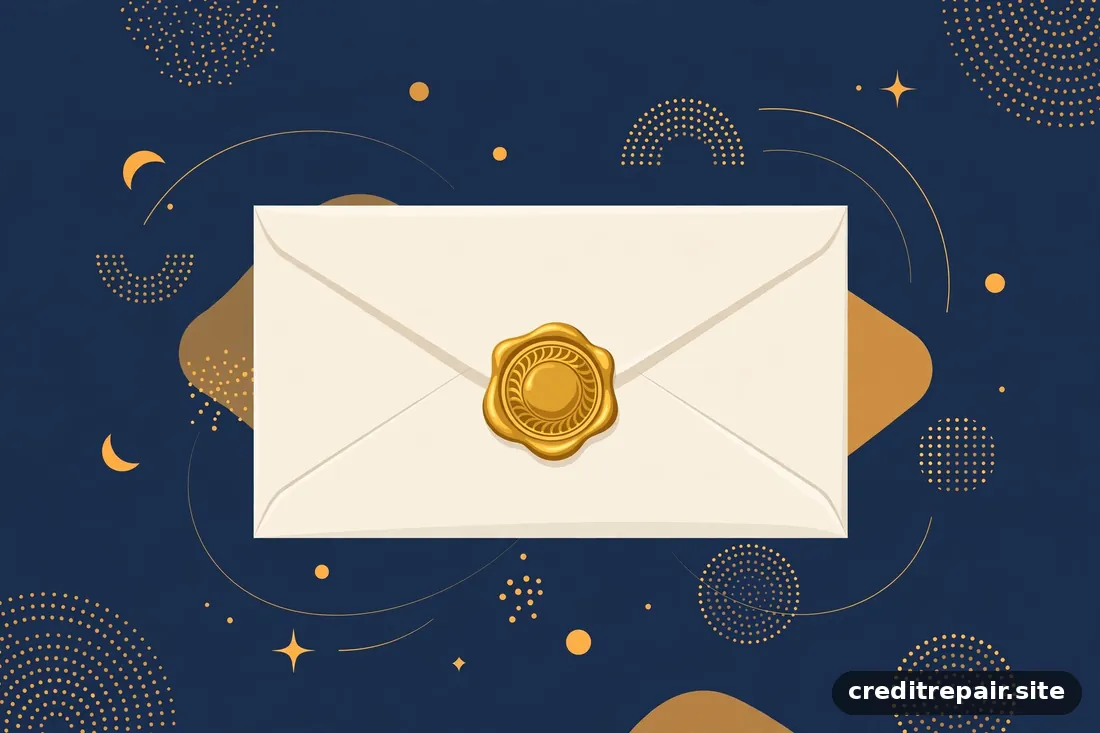 Ilustración abstracta de un sobre de correo certificado marfil con sello dorado sobre fondo azul marino 