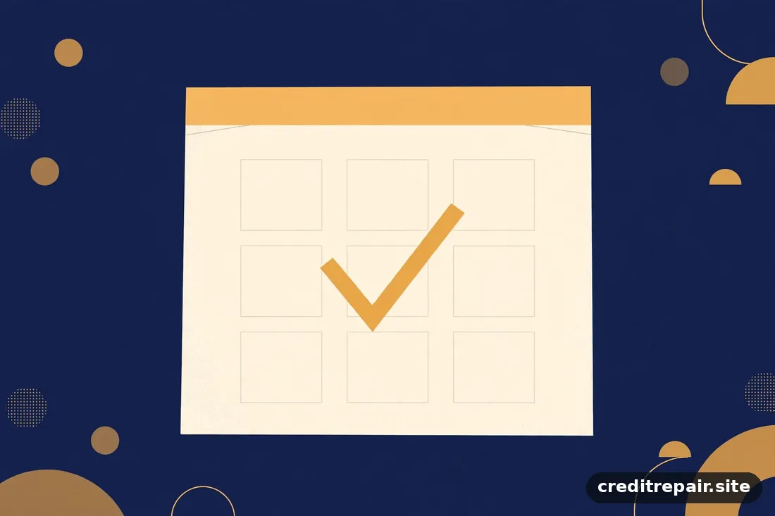 Ilustración abstracta de una página de calendario marfil con una marca de verificación dorada sobre fondo azul marino 