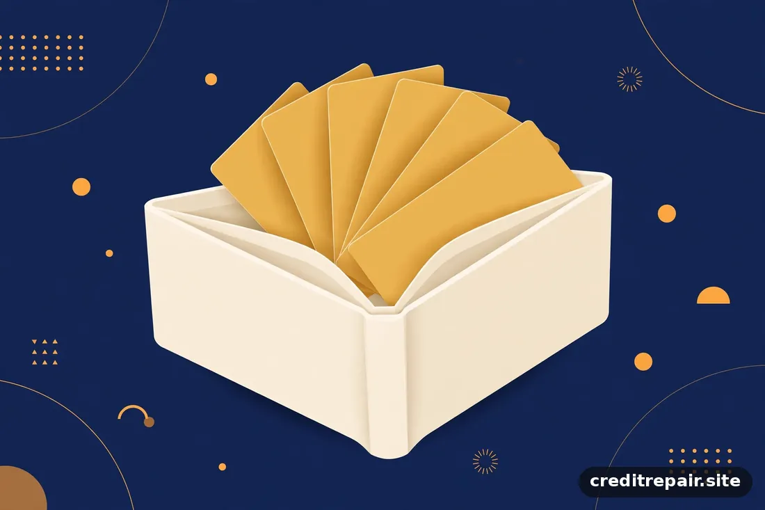 Ilustración abstracta de una billetera marfil con tarjetas doradas emergiendo sobre fondo azul marino 