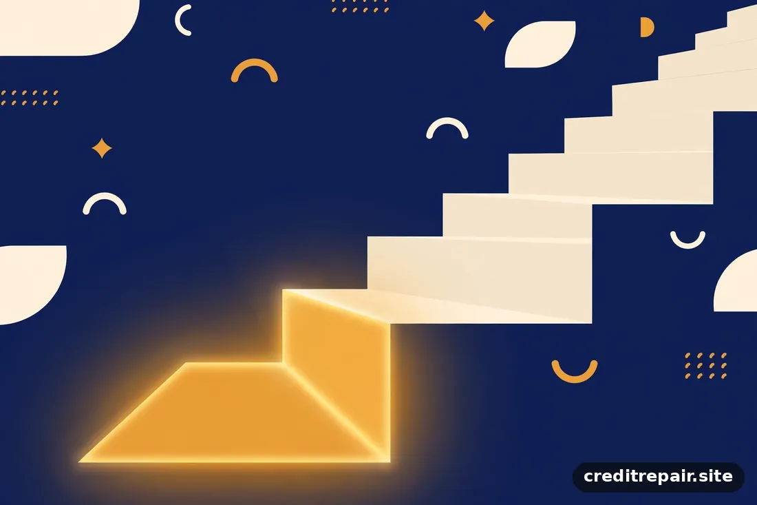 Ilustración abstracta del primer peldaño dorado de una escalera ascendiendo sobre fondo marfil 
