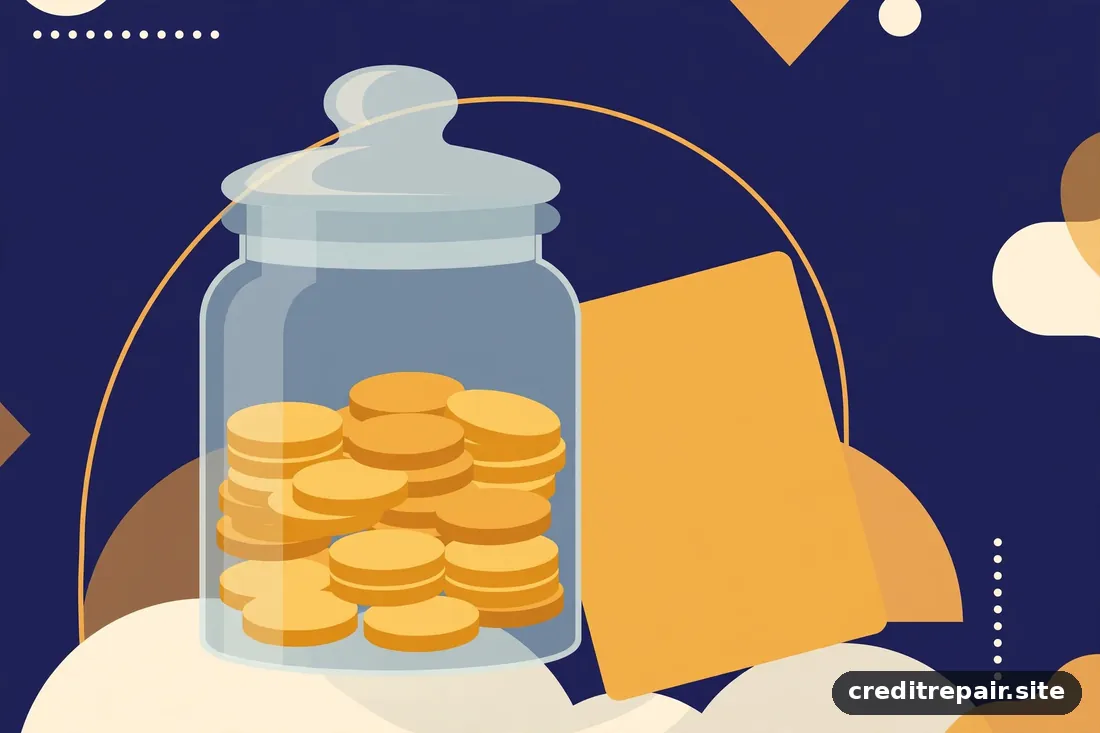 Ilustración abstracta de un frasco de vidrio con monedas y una tarjeta dorada sobre fondo marfil 