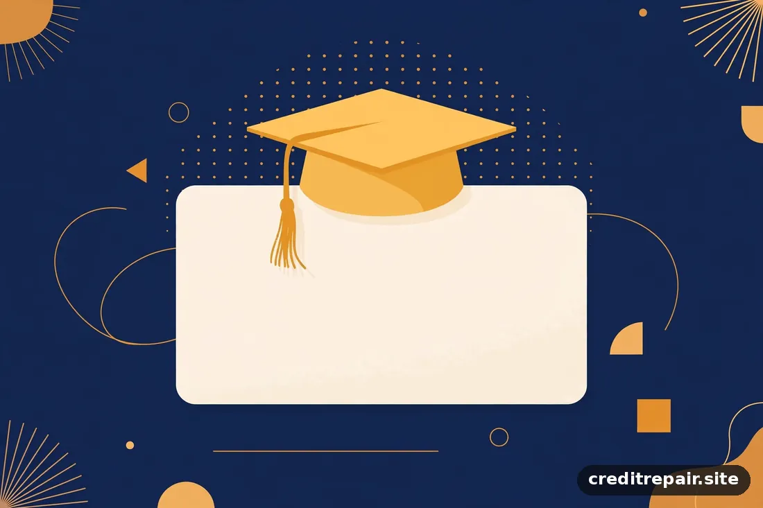 Ilustración abstracta de un birrete de graduación dorado sobre una tarjeta sobre fondo azul marino 