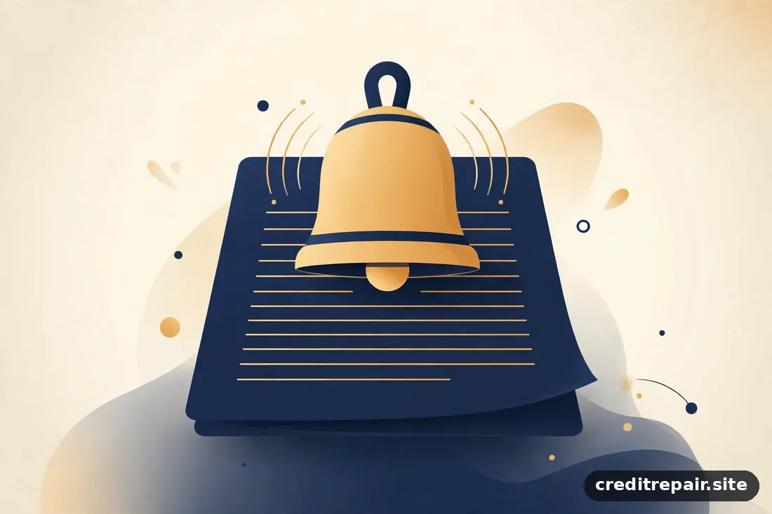 Ilustración editorial de una campana de alerta sobre un documento, en tonos azul marino y dorado, composición abstracta sin texto legible