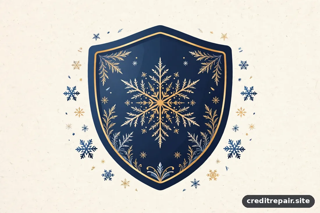 Ilustración editorial de un escudo con un motivo abstracto de copo de nieve que sugiere protección y congelamiento, en azul marino y dorado sobre marfil