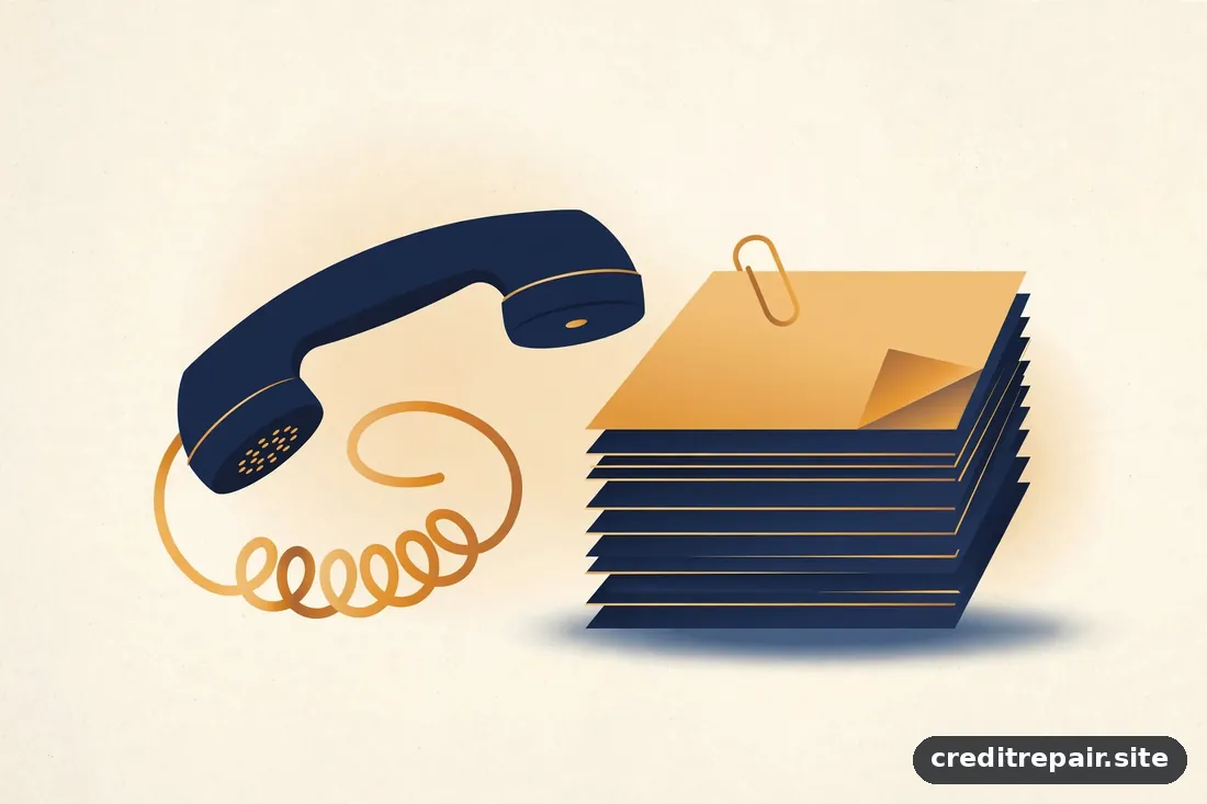 Ilustración editorial de un teléfono junto a documentos apilados, en azul marino y dorado, estilo abstracto sin texto legible
