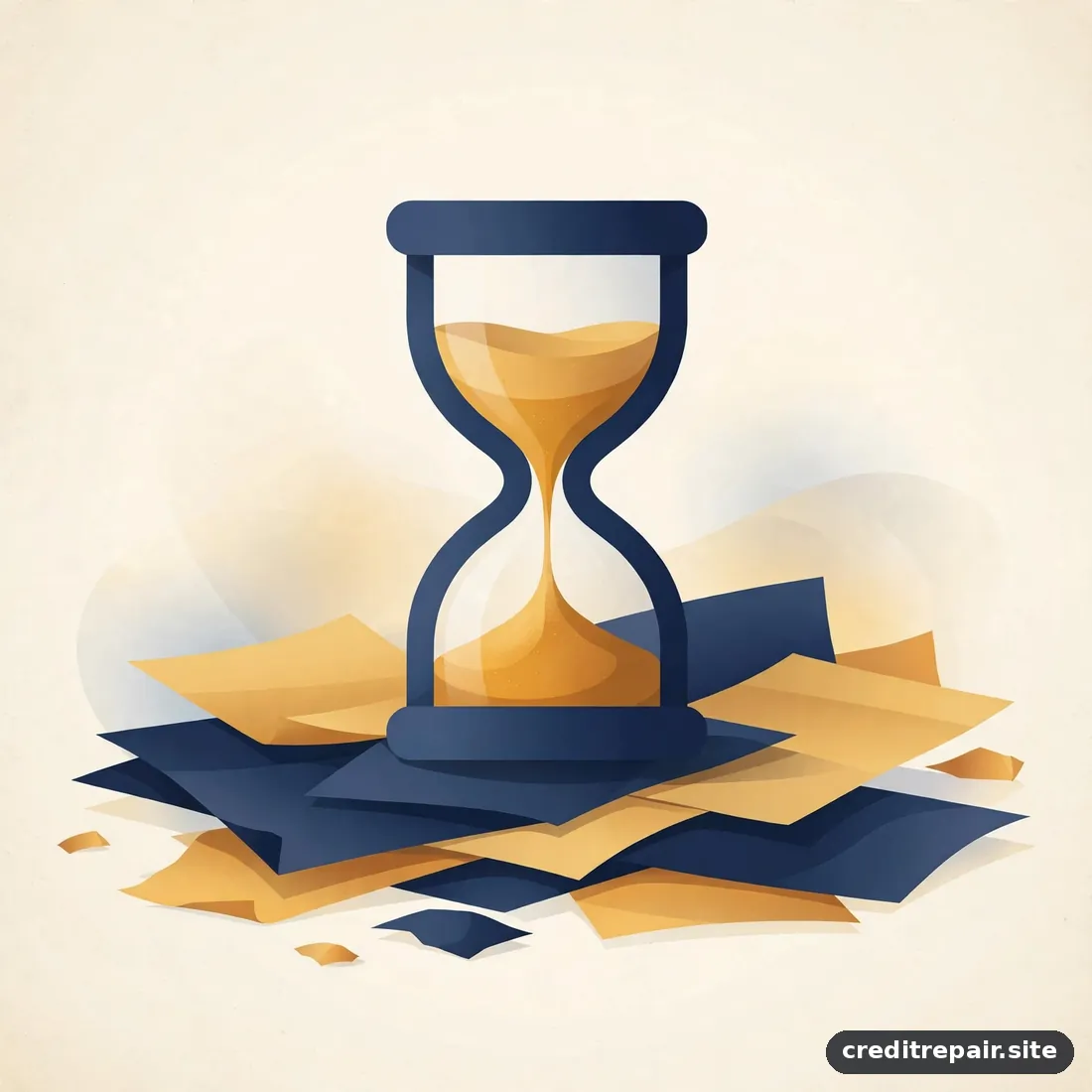Ilustración editorial de un reloj de arena sobre papeles, en tonos azul marino y dorado, composición abstracta y tranquila