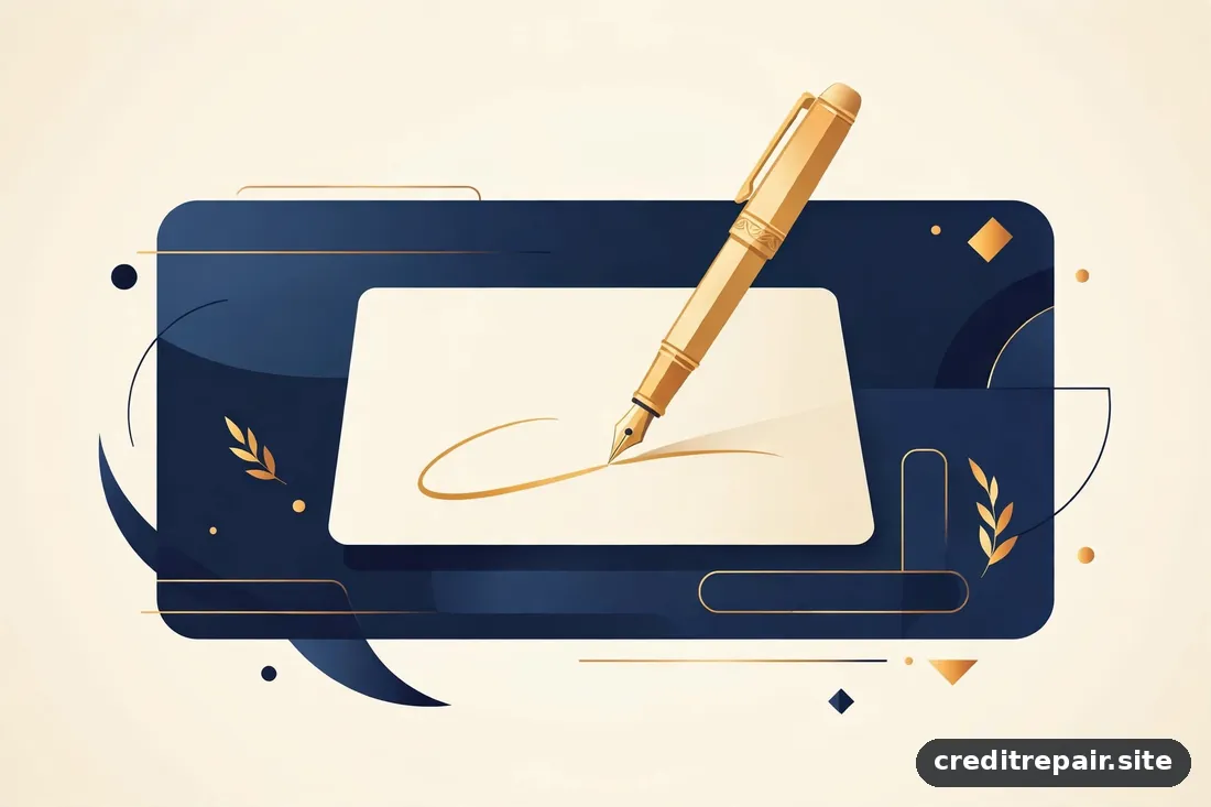 Ilustración editorial de una pluma firmando una carta sobre un escritorio abstracto, en tonos azul marino y dorado