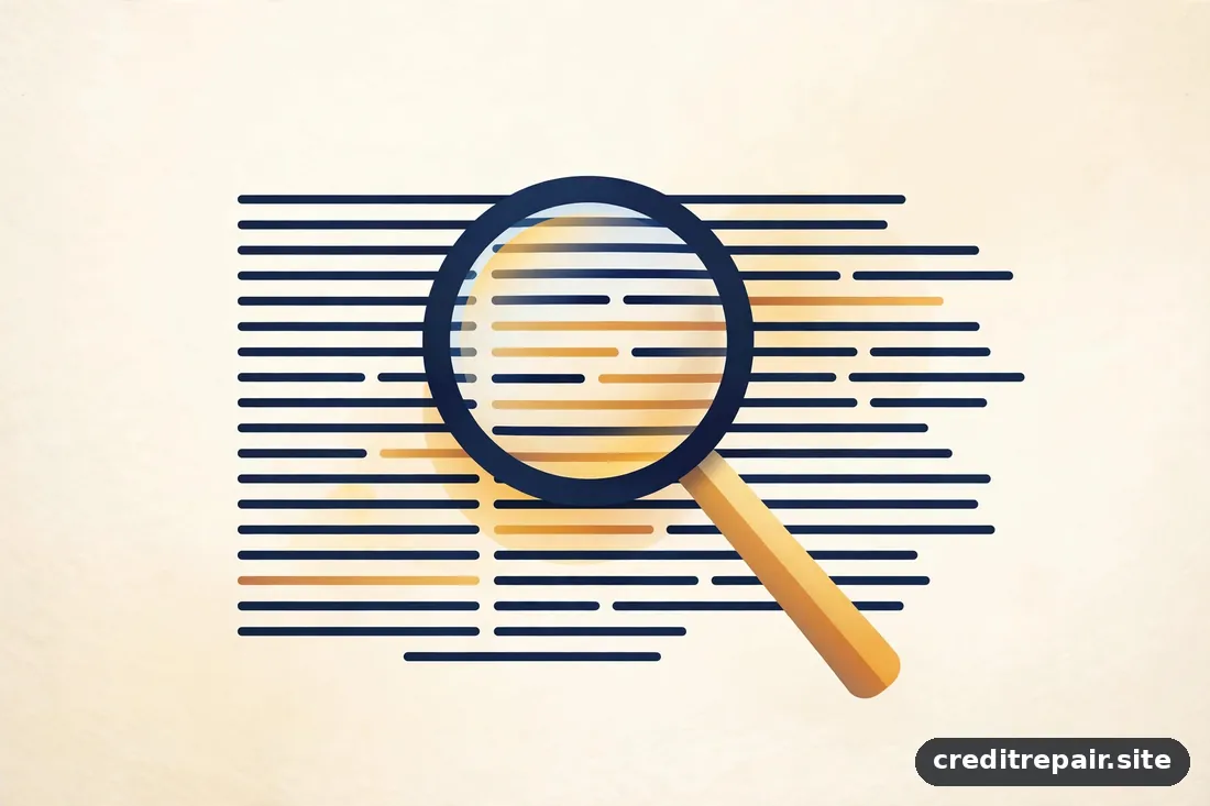 Ilustración editorial de una lupa sobre líneas abstractas de texto legal, en azul marino y dorado, sin texto legible