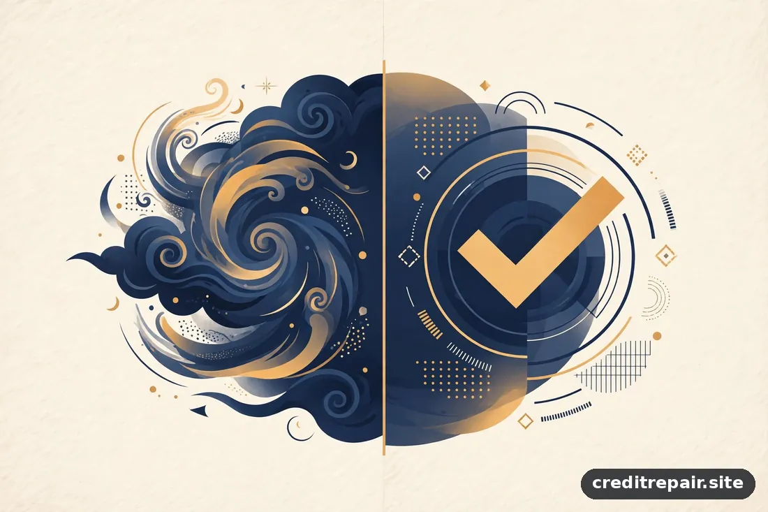Ilustración editorial de un panel dividido en dos mitades que sugiere mito contra realidad, en azul marino y dorado, composición abstracta