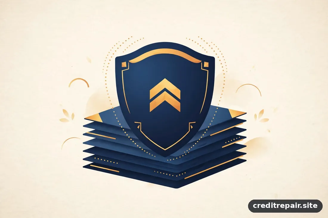 Ilustración editorial de documentos protegidos por un escudo, en azul marino y dorado, composición abstracta sin texto legible