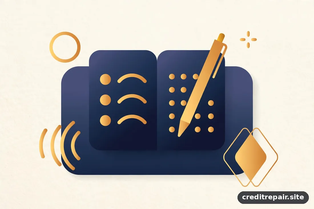 Ilustración editorial de un cuaderno de notas y una grabadora abstracta sobre un escritorio, en tonos azul marino y dorado