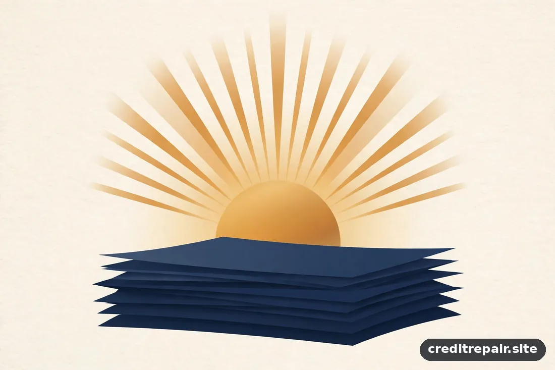 Ilustración editorial de un amanecer sobre papeles que sugiere un nuevo comienzo, en azul marino y dorado sobre marfil, estilo abstracto