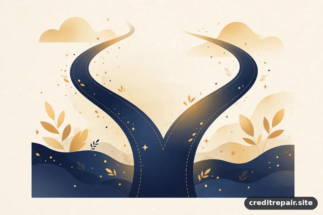 Ilustración editorial de una bifurcación de dos caminos abstractos, en azul marino y dorado, composición serena sin texto