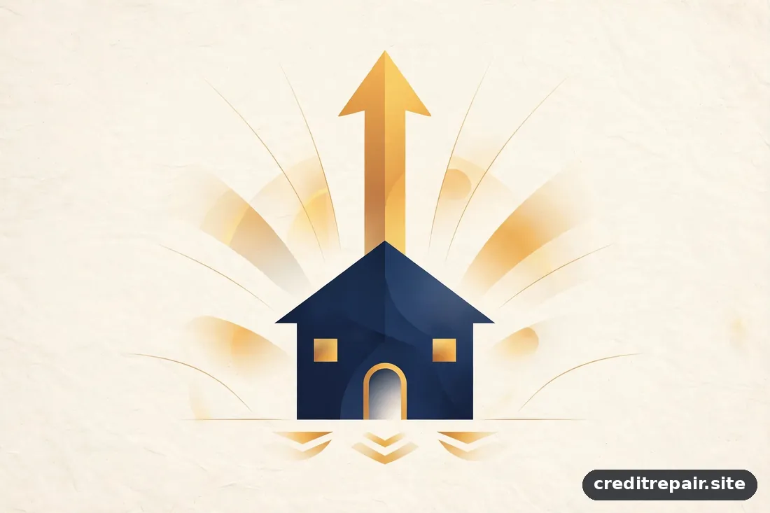 Ilustración editorial de una flecha ascendente sobre una casa abstracta, en tonos azul marino y dorado, composición optimista y serena