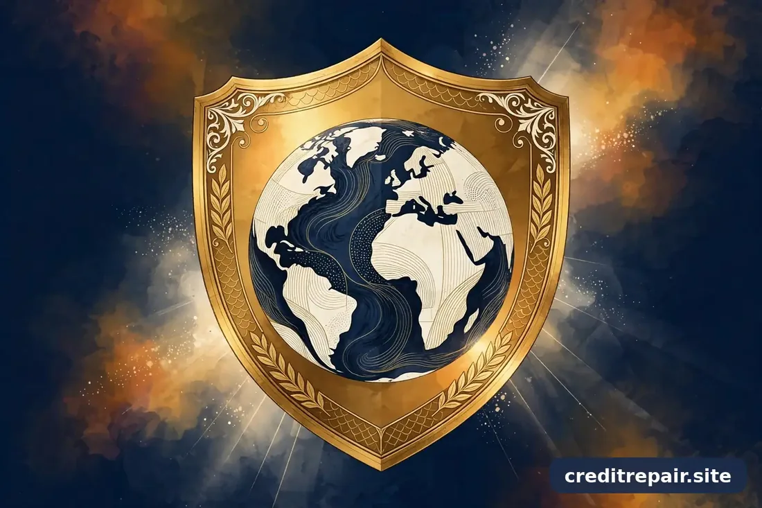 Ilustración abstracta de un globo terráqueo protegido por un escudo dorado sobre fondo azul marino