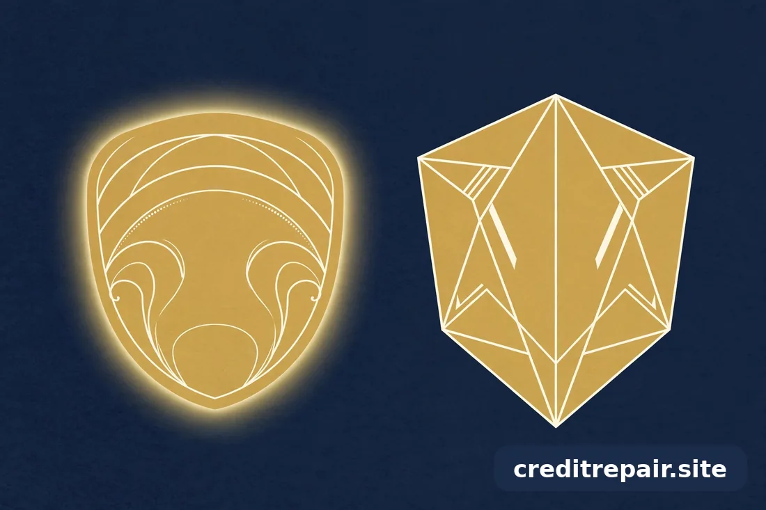 Ilustración abstracta de dos escudos, uno suave y uno firme, en dorado sobre fondo azul marino