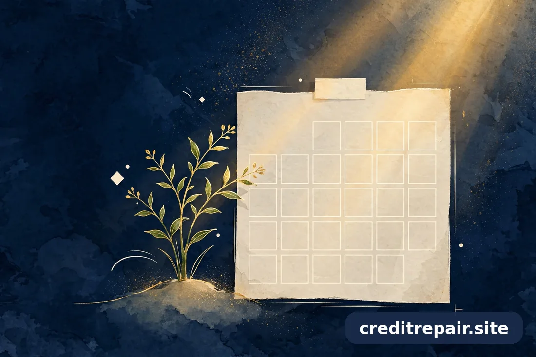 Ilustración abstracta de una planta creciendo junto a un calendario, en dorado y azul marino
