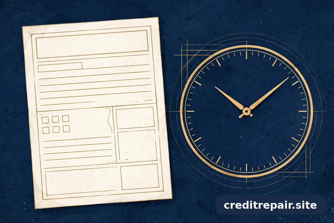 Ilustración abstracta de un formulario de queja junto a un reloj, en azul marino y dorado