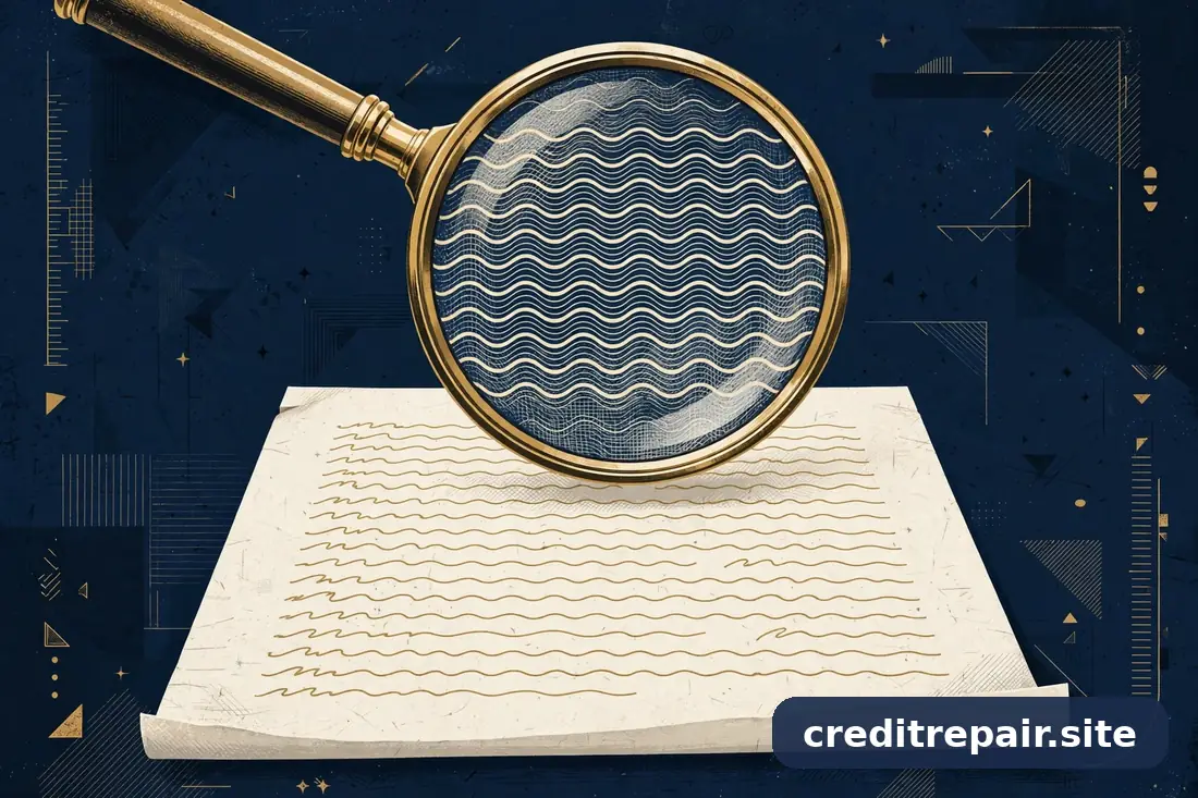 Ilustración abstracta de una lupa examinando un contrato, en azul marino y dorado