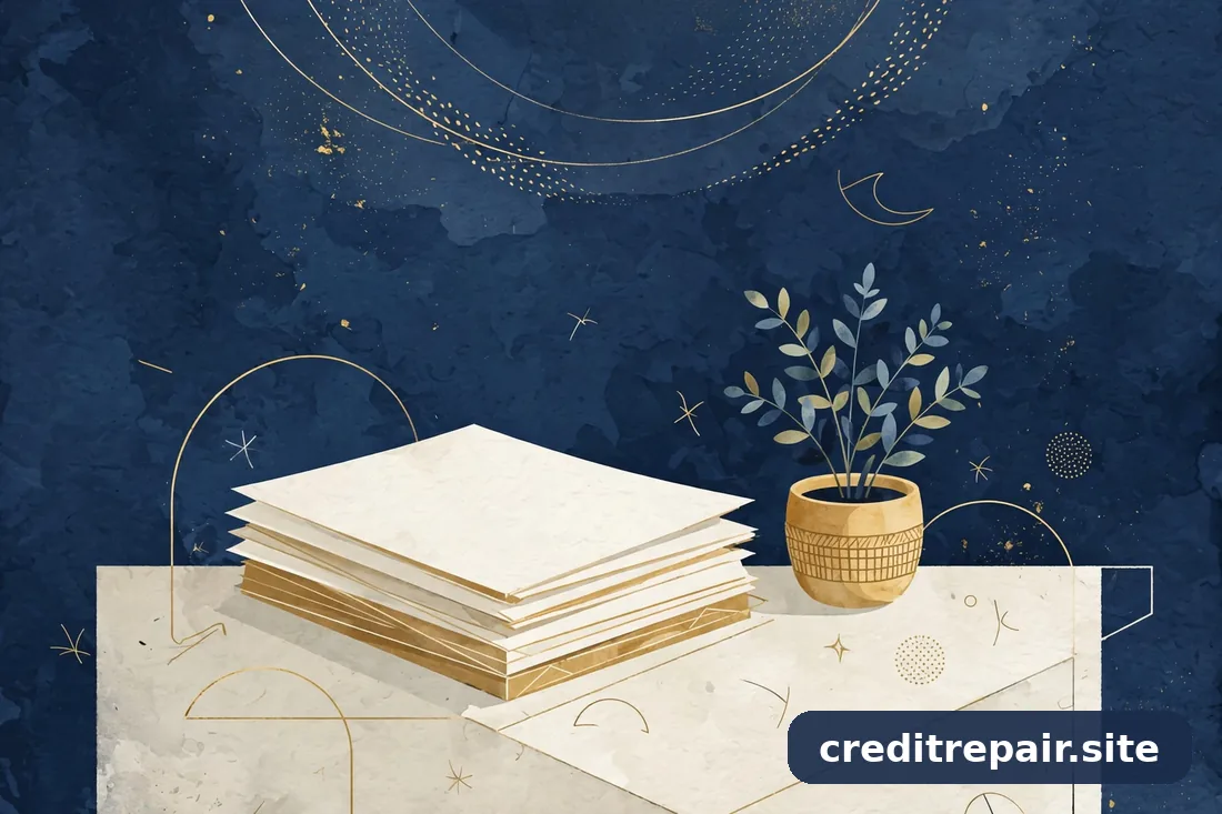 Ilustración abstracta de un escritorio tranquilo de año nuevo con documentos ordenados, en azul marino y dorado